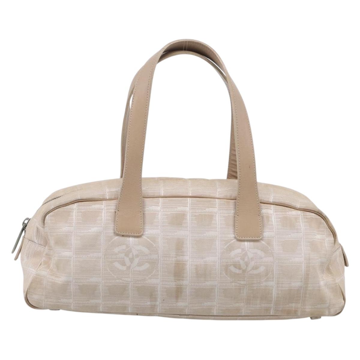 CHANEL New Travel Line Hand Bag Canvas Beige Silver CC Auth ep17062