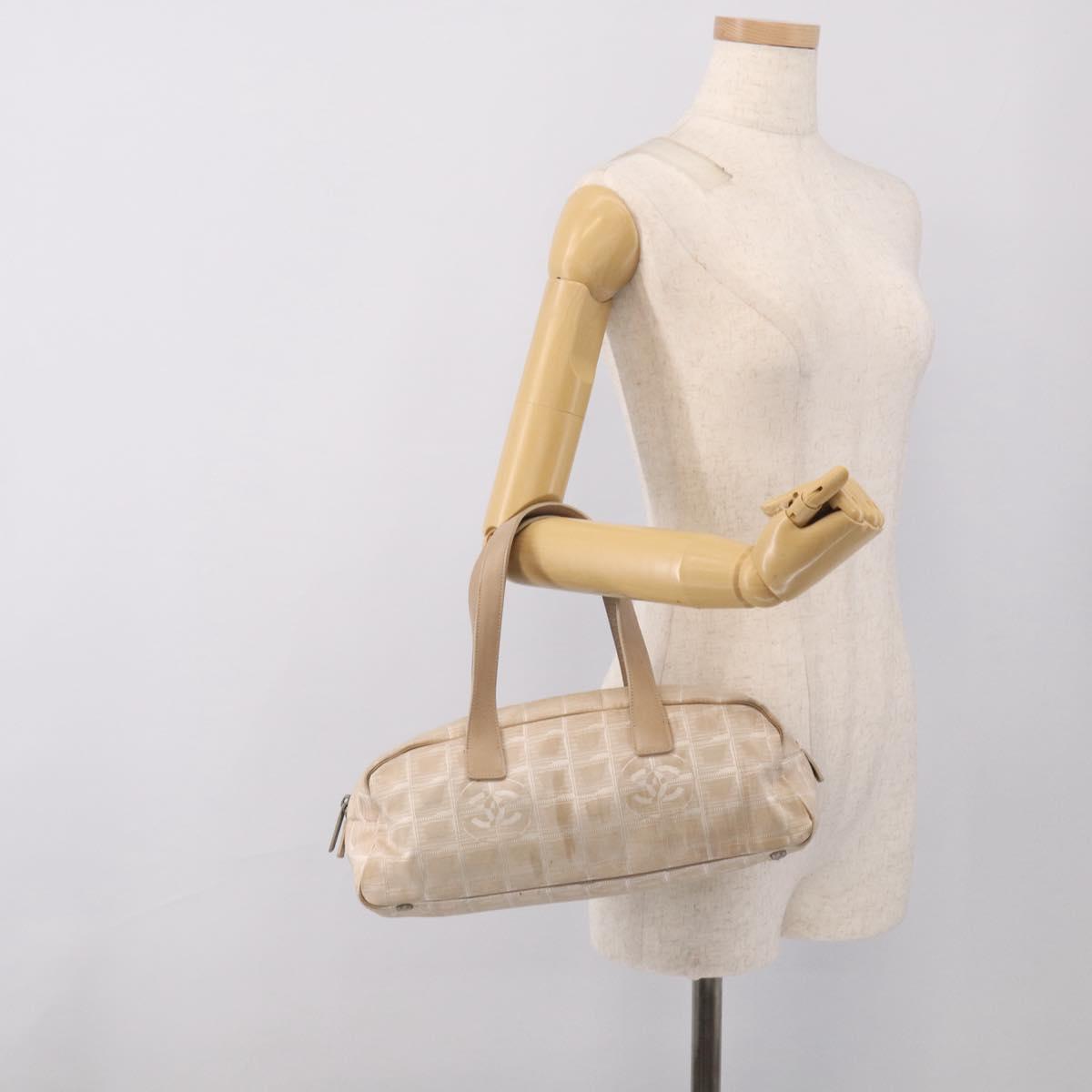 CHANEL New Travel Line Hand Bag Canvas Beige Silver CC Auth ep17062