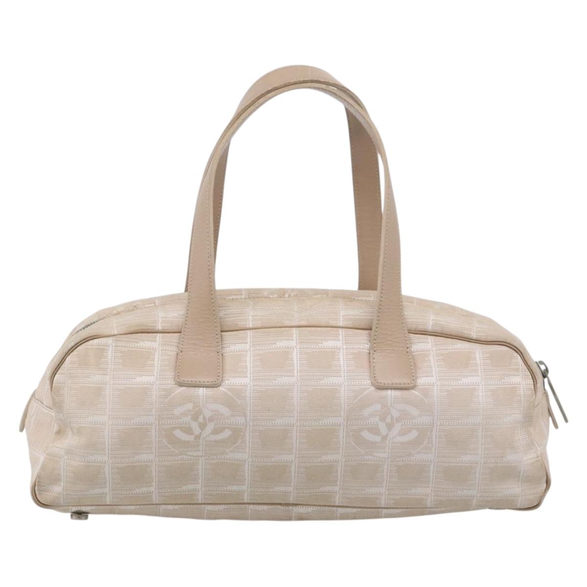 CHANEL New Travel Line Hand Bag Canvas Beige Silver CC Auth ep17062