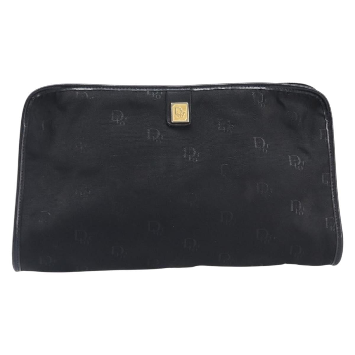 Christian Dior Honeycomb Clutch Bag Canvas Black Gold Tone Auth ep17078
