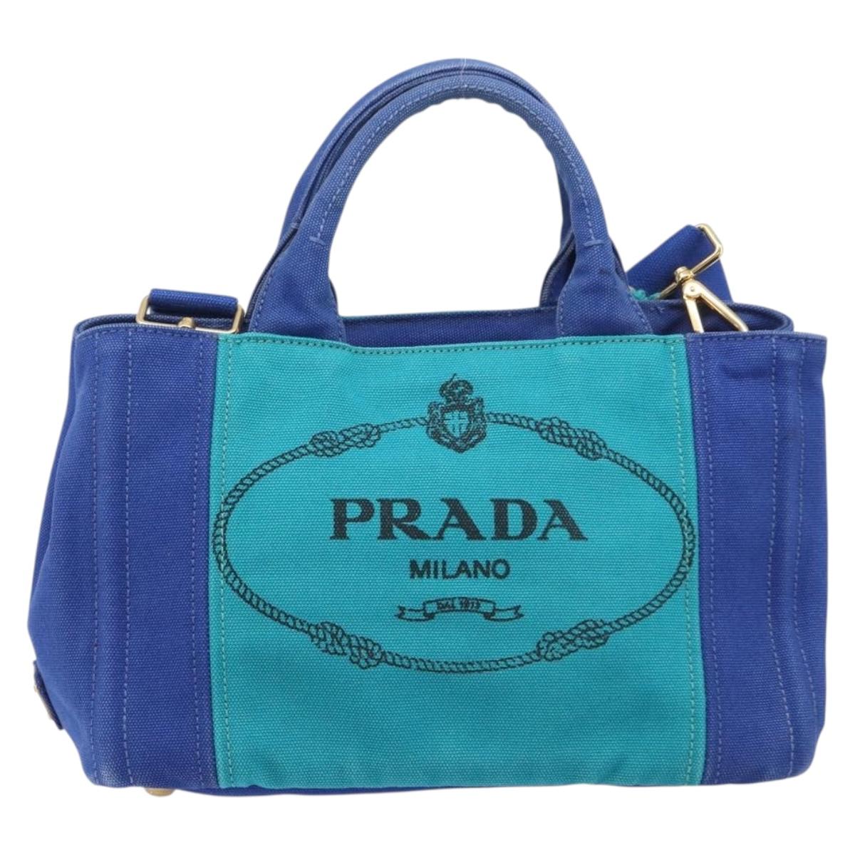 PRADA Canapa PM Hand Bag Canvas 2way Blue Gold Tone Auth ep17081