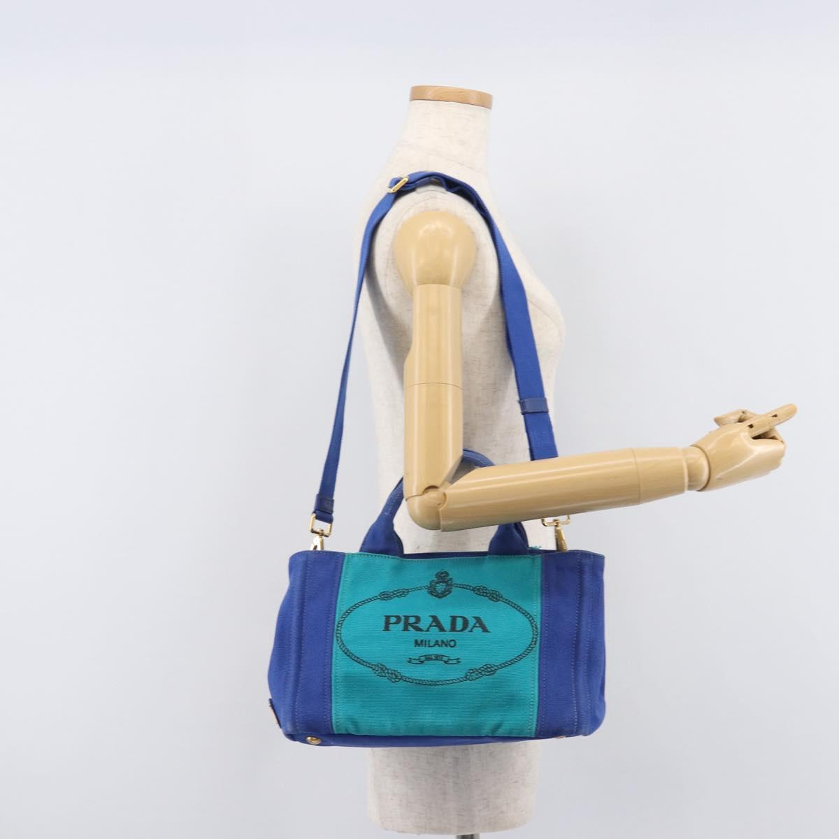 PRADA Canapa PM Hand Bag Canvas 2way Blue Gold Tone Auth ep17081