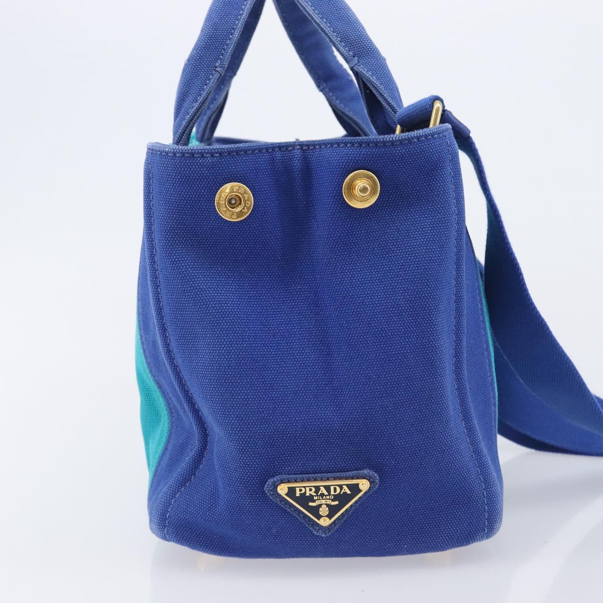 PRADA Canapa PM Hand Bag Canvas 2way Blue Gold Tone Auth ep17081