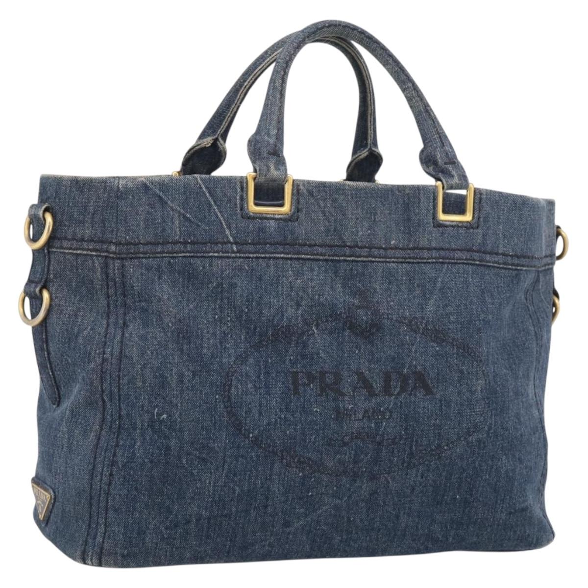 PRADA Canapa Hand Bag Denim Blue Gold Tone Auth ep17099