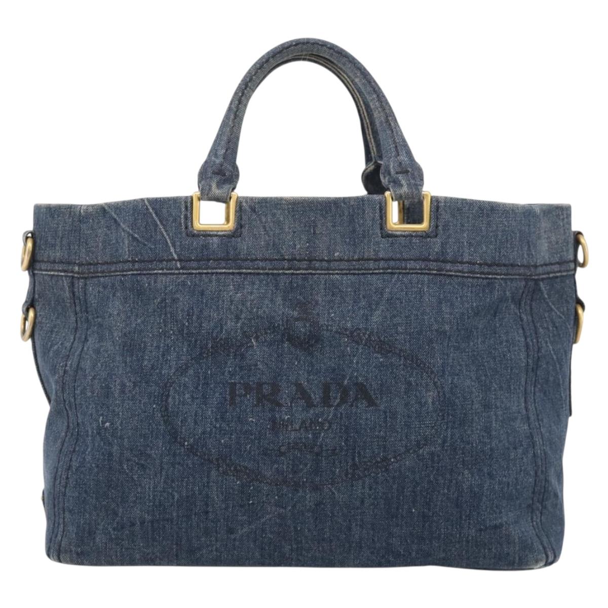 PRADA Canapa Hand Bag Denim Blue Gold Tone Auth ep17099