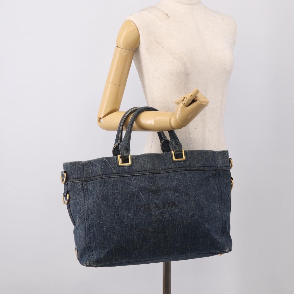 PRADA Canapa Hand Bag Denim Blue Gold Tone Auth ep17099