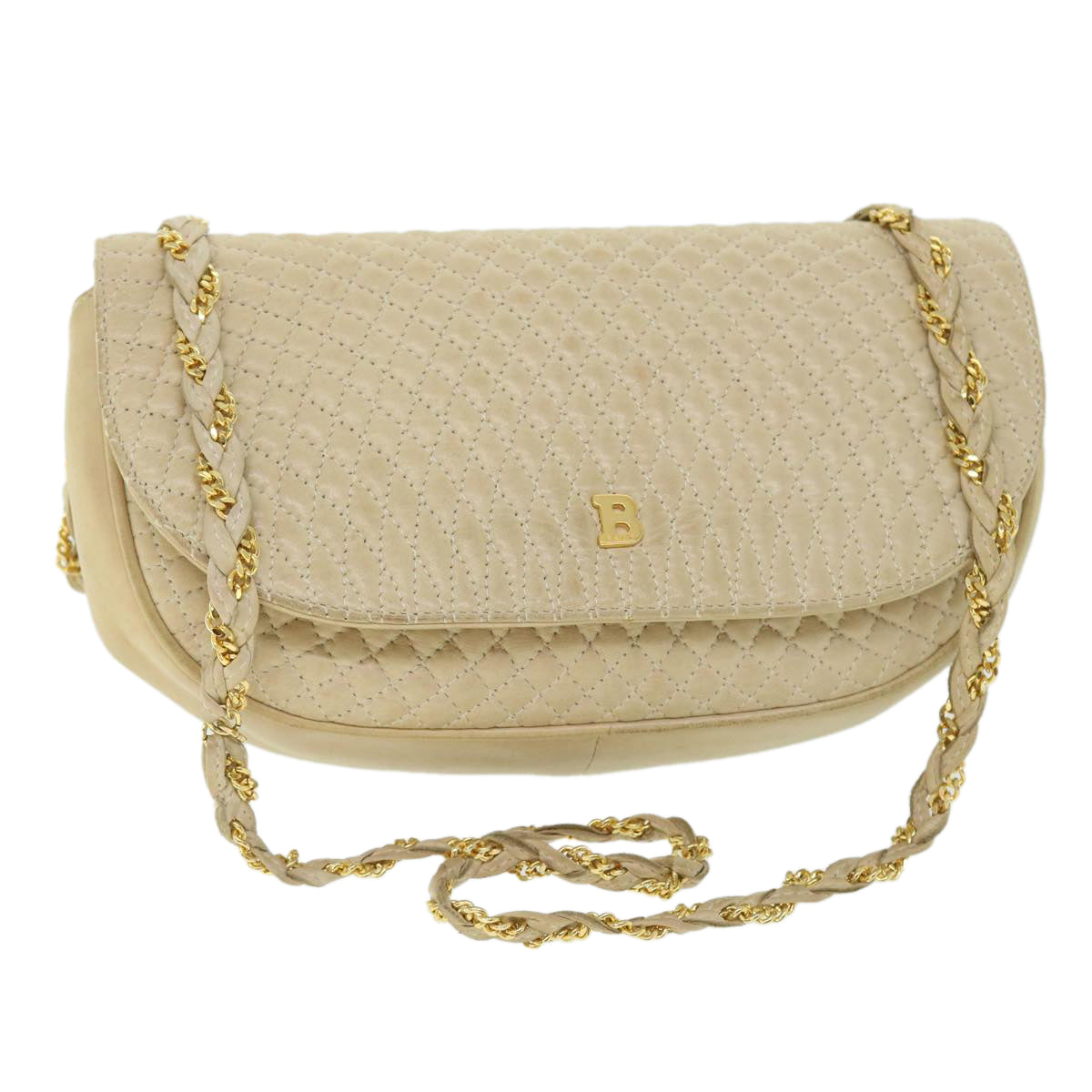 BALLY Chain Quilted Shoulder Bag Leather Beige Auth ep1717