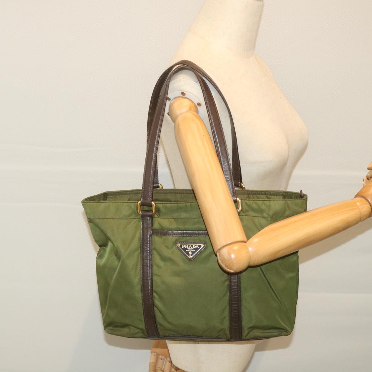 PRADA Tote Bag Nylon Khaki Auth ep2113