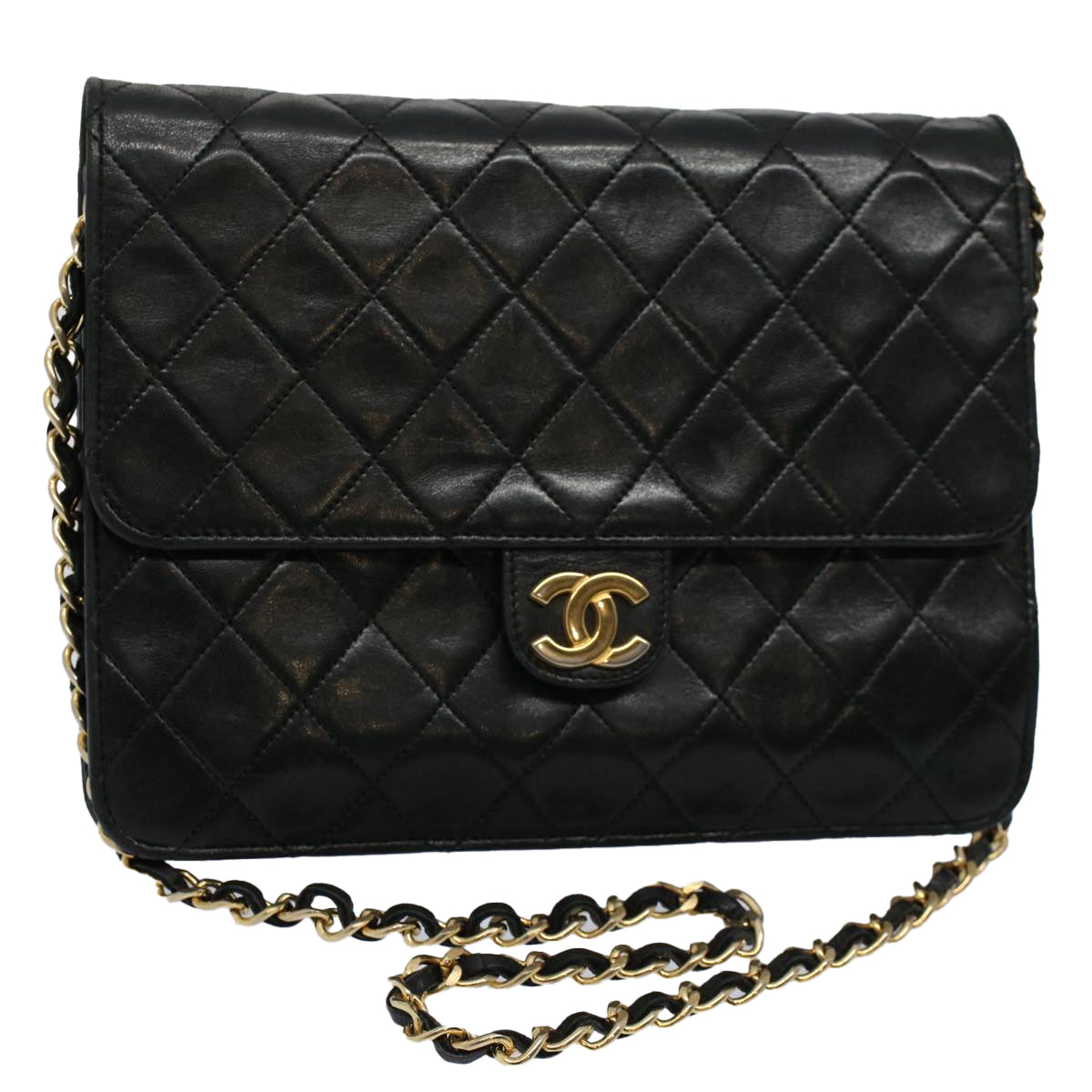 CHANEL Matelasse Chain Shoulder Bag Lamb Skin Black CC Auth ep2171