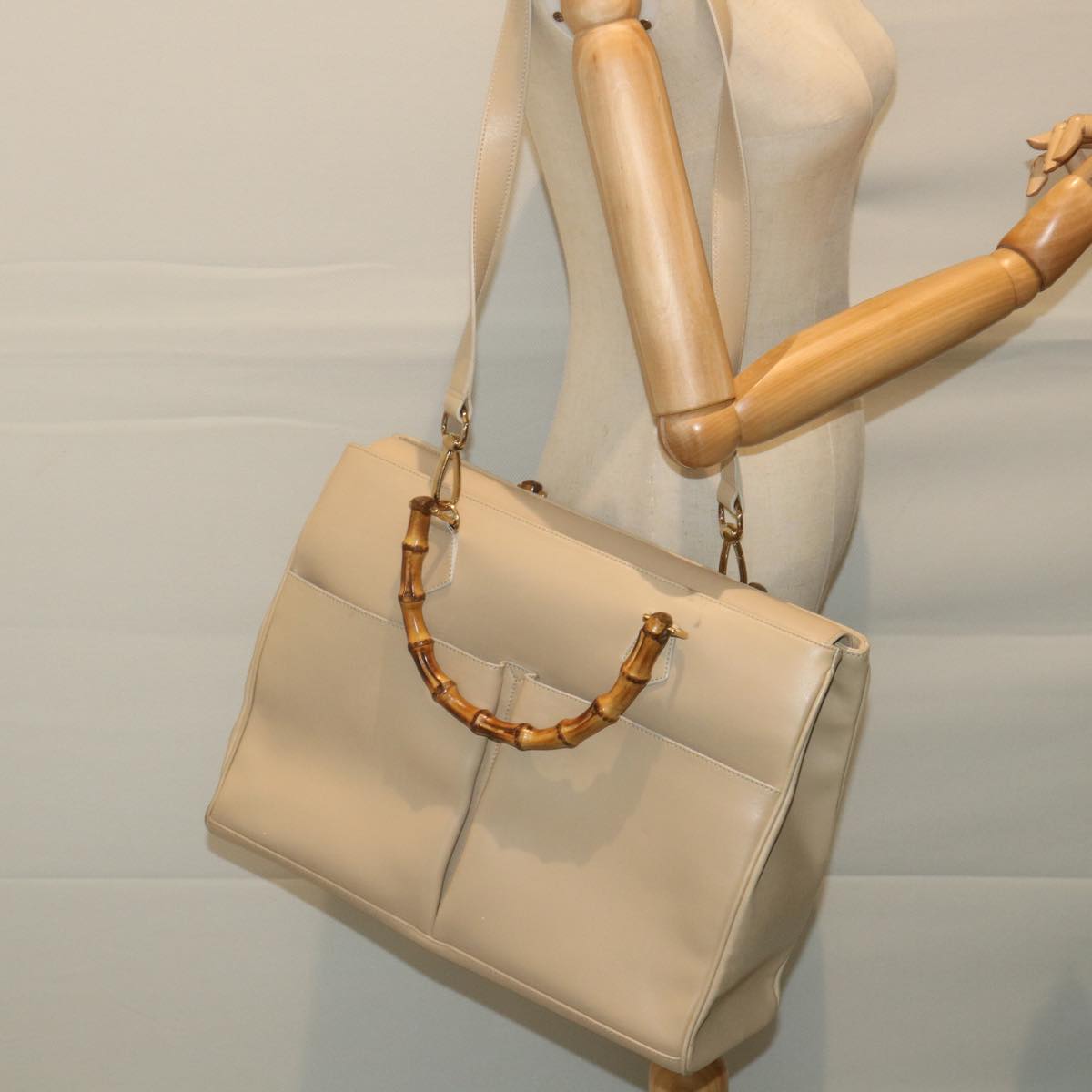 GUCCI Bamboo Hand Bag Leather 2way Beige 002 2855 0322 0 Auth ep2294