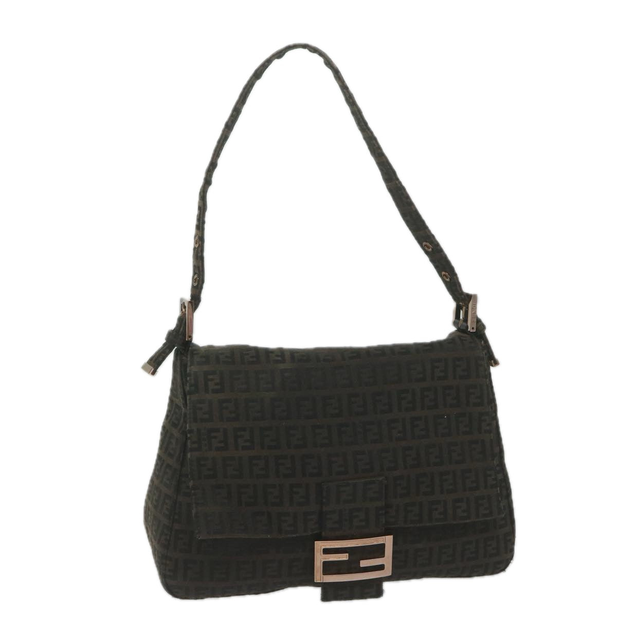 FENDI Zucchino Canvas Mamma Baguette Shoulder Bag Dark Brown Auth ep2515