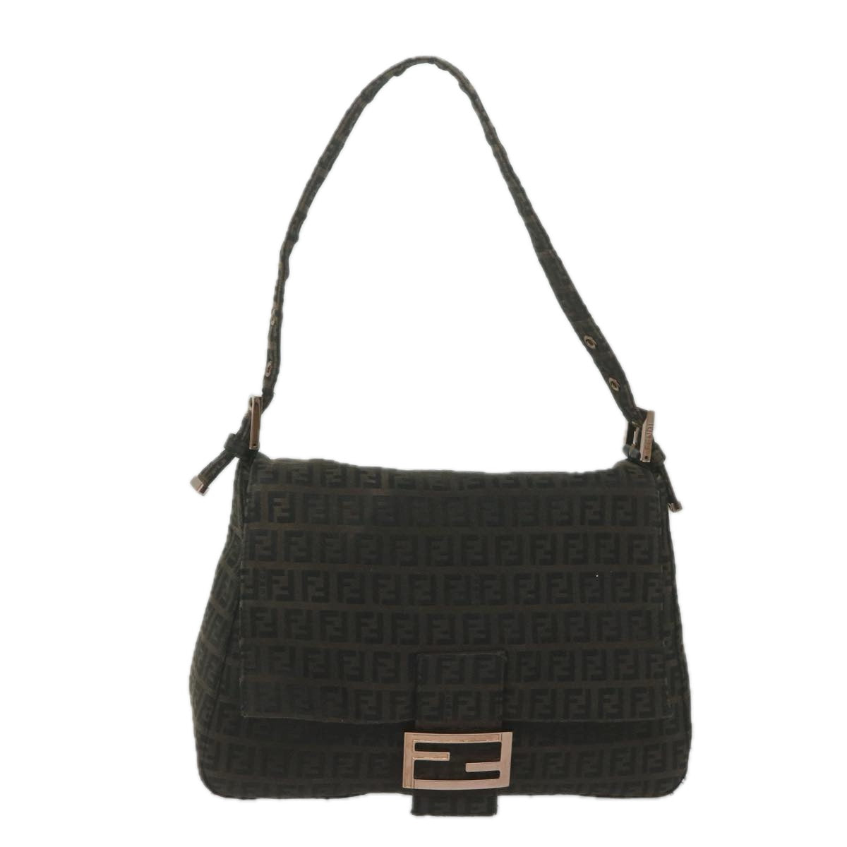 FENDI Zucchino Canvas Mamma Baguette Shoulder Bag Dark Brown Auth ep2515