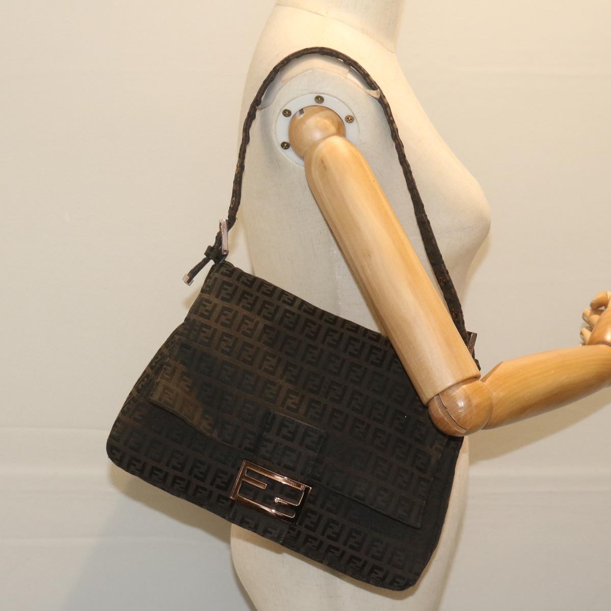 FENDI Zucchino Canvas Mamma Baguette Shoulder Bag Dark Brown Auth ep2515