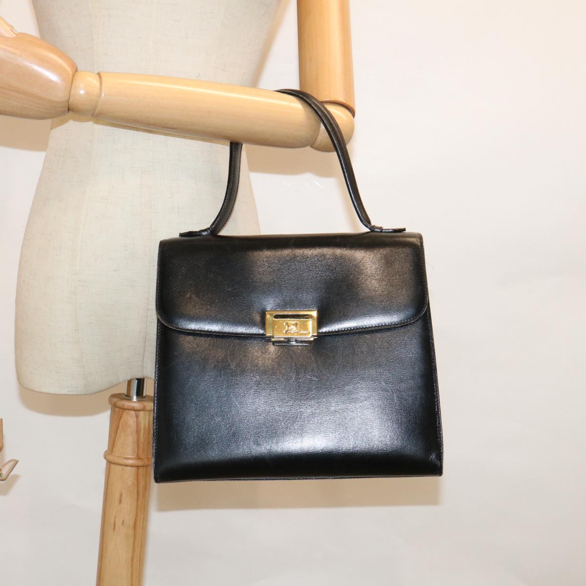 CELINE Hand Bag Leather Black Auth ep2763