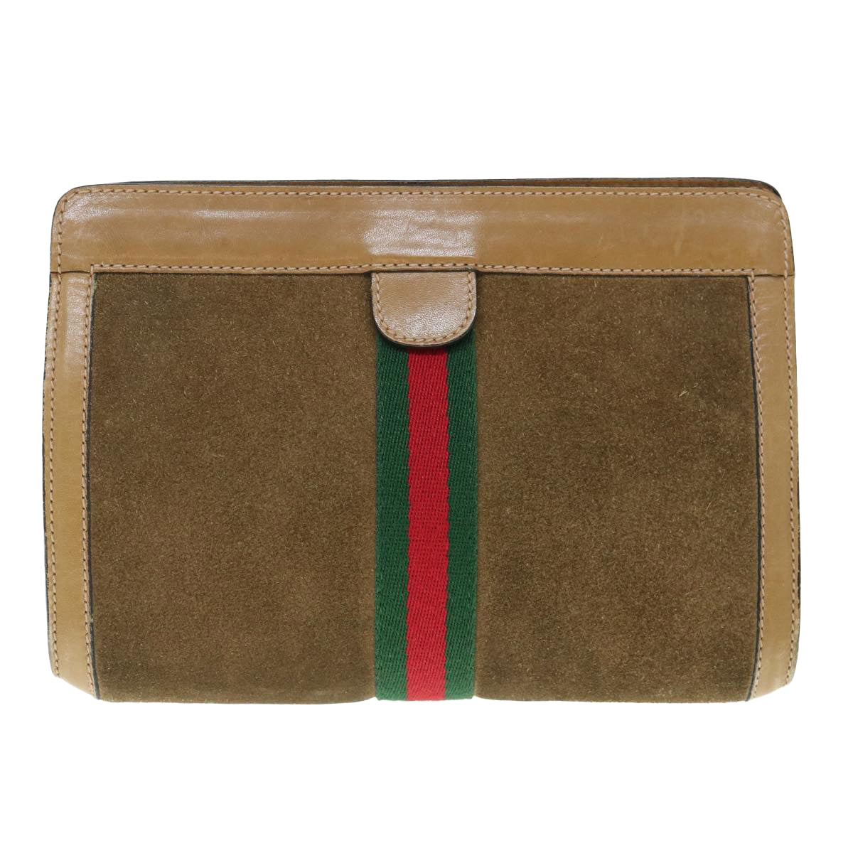 GUCCI Web Sherry Line Clutch Bag Suede Brown Red Green 67 014 2126 Auth ep2886