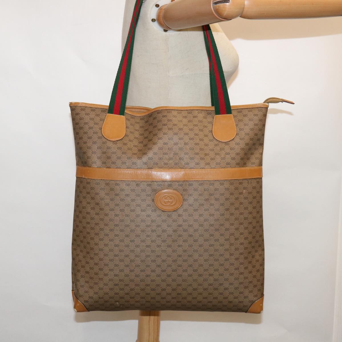 GUCCI Micro GG Supreme Web Sherry Line Tote Bag Beige 002 983 0163 Auth ep3247