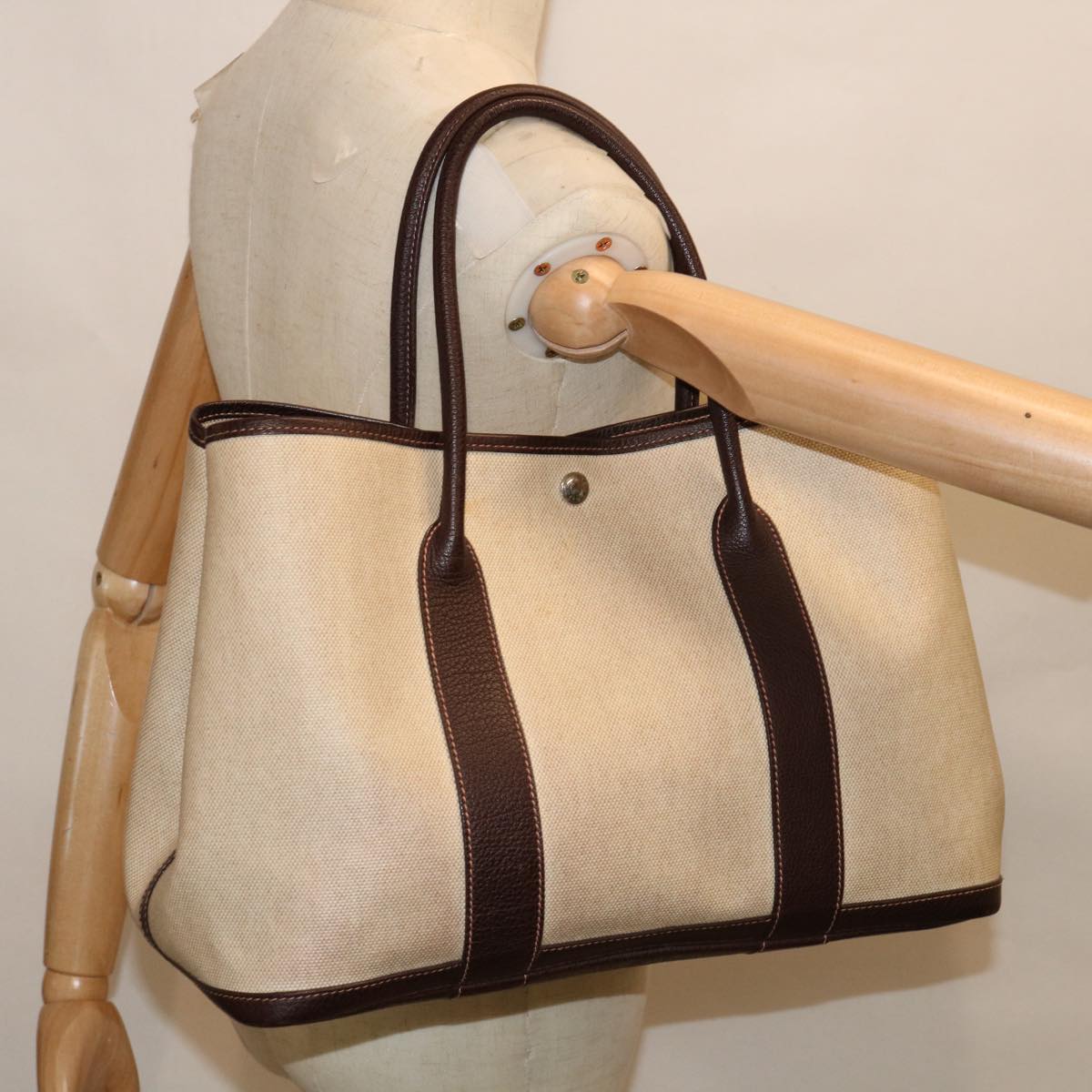 HERMES Garden Party PM Hand Bag Canvas Beige Auth ep3270