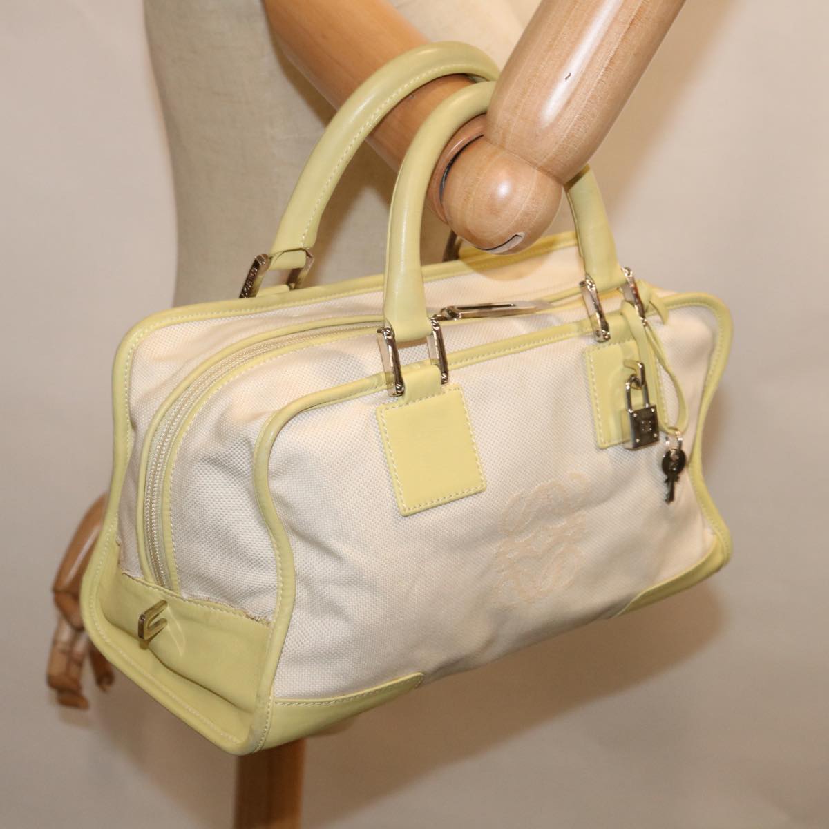 LOEWE Hand Bag Canvas White Auth ep3279