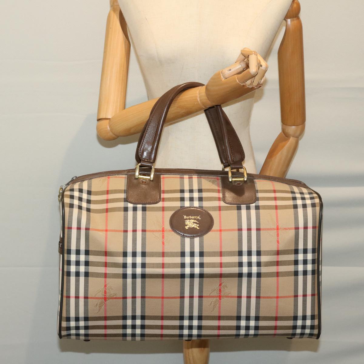 Burberrys Nova Check Boston Bag Canvas Beige Auth ep3345