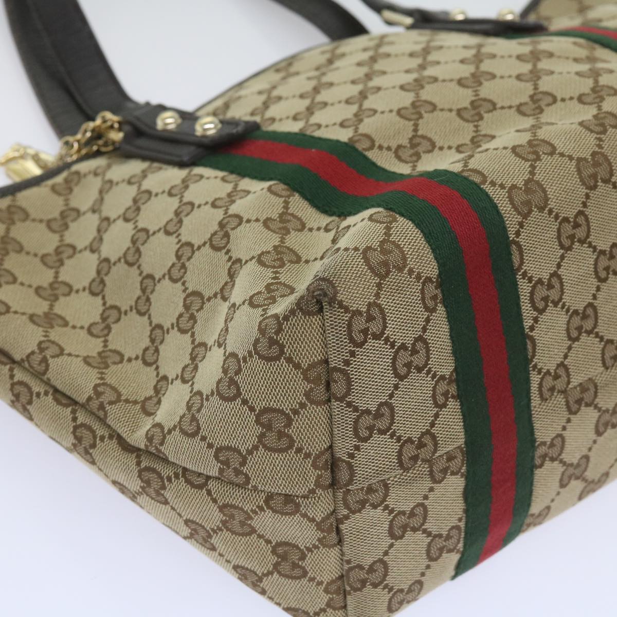 GUCCI GG Canvas Web Sherry Line Tote Bag Beige Red Green 137396 Auth ep3400