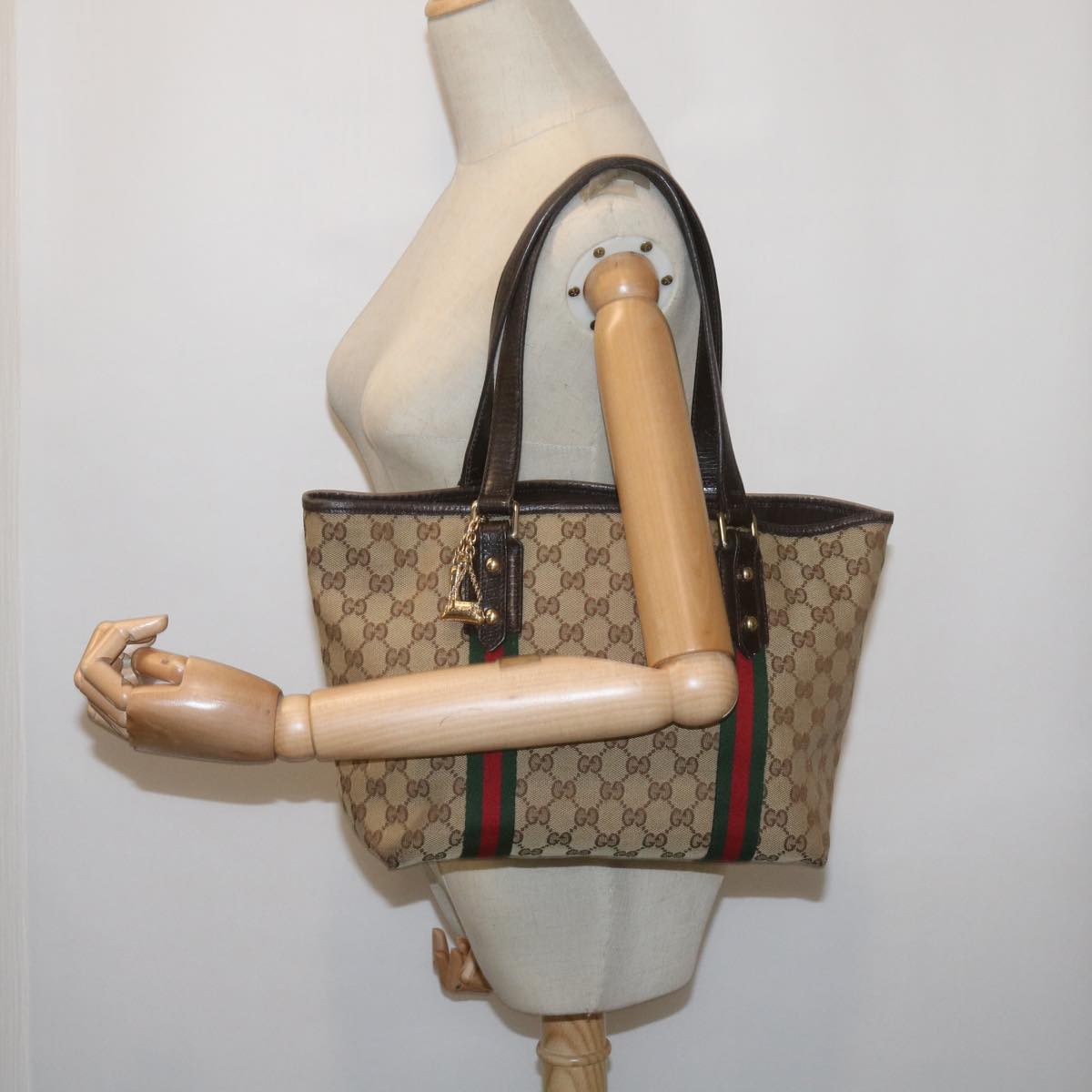 GUCCI GG Canvas Web Sherry Line Tote Bag Beige Red Green 137396 Auth ep3400