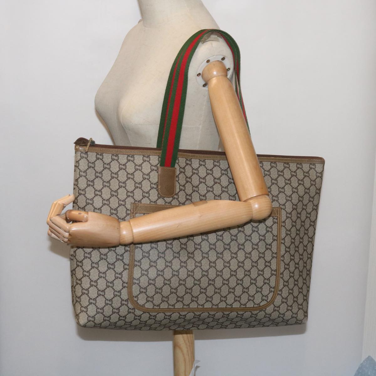 GUCCI GG Plus Supreme Web Sherry Line Boston Bag PVC Leather Beige Auth ep3435