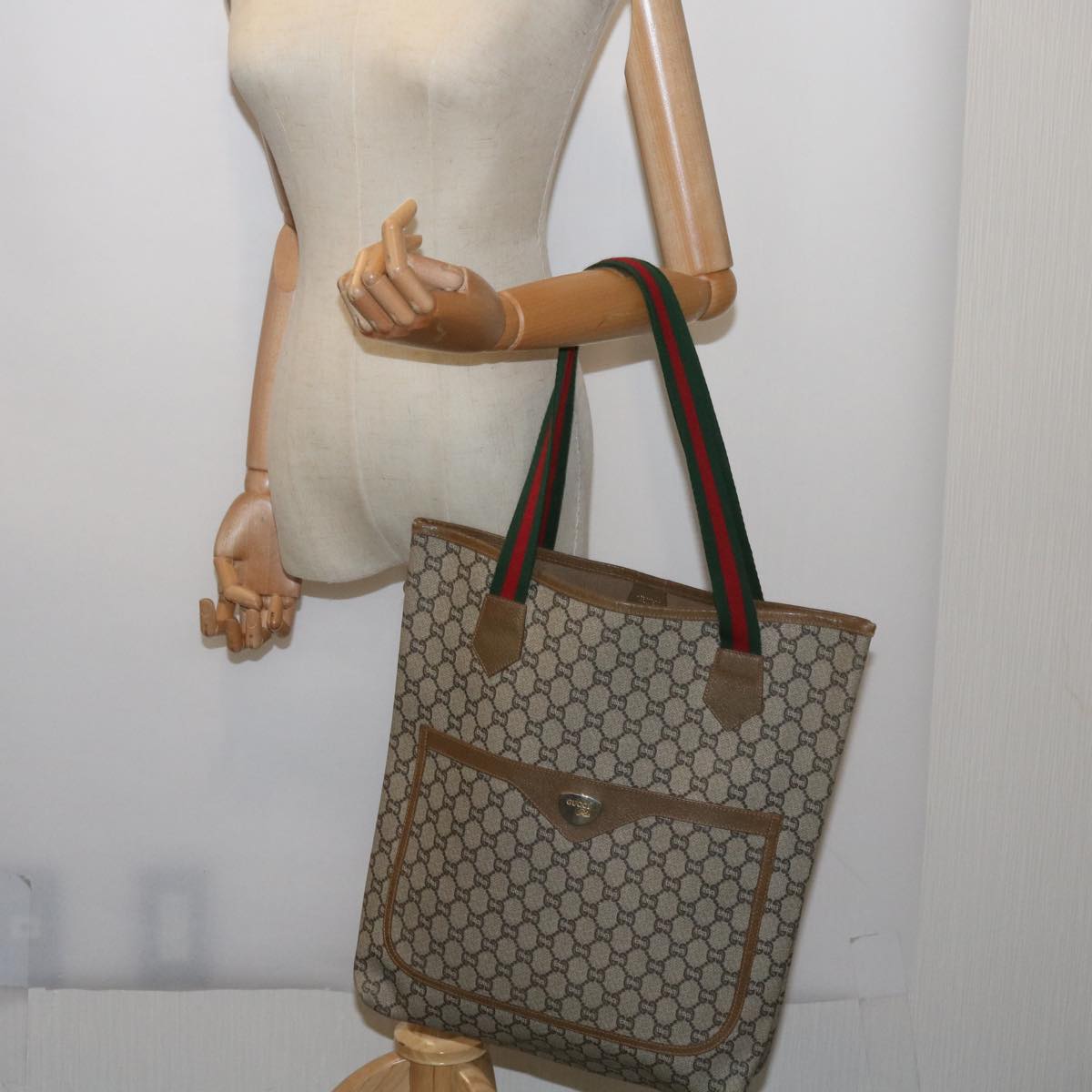 GUCCI GG Plus Supreme Web Sherry Line Tote Bag PVC Beige Red Green Auth ep3451