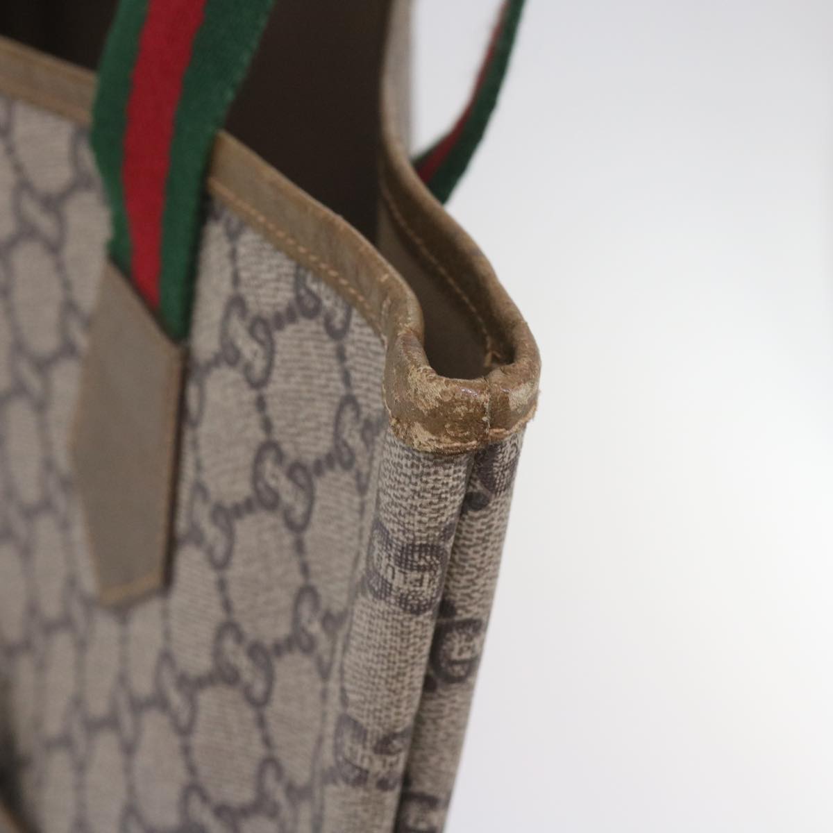 GUCCI GG Plus Supreme Web Sherry Line Tote Bag PVC Beige Red Green Auth ep3451