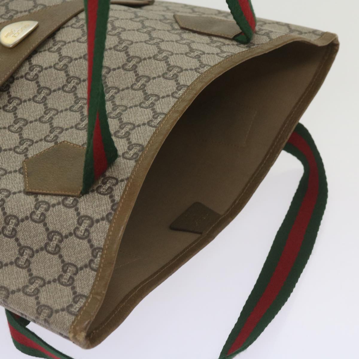 GUCCI GG Plus Supreme Web Sherry Line Tote Bag PVC Beige Red Green Auth ep3451