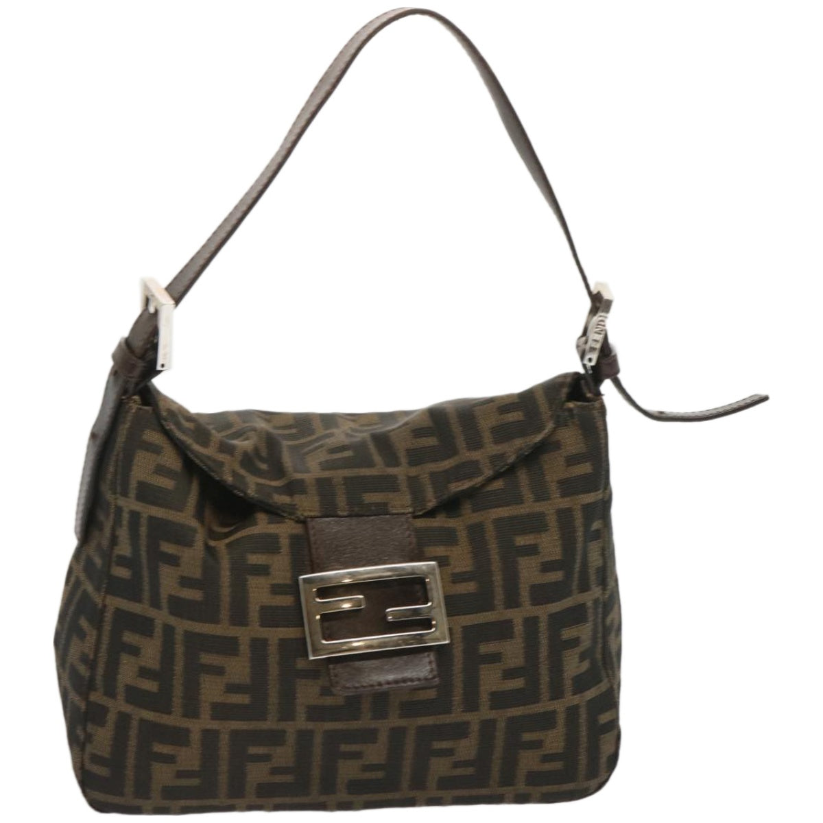 FENDI Zucchino Canvas Mamma Baguette Shoulder Bag Black Brown Auth ep3562