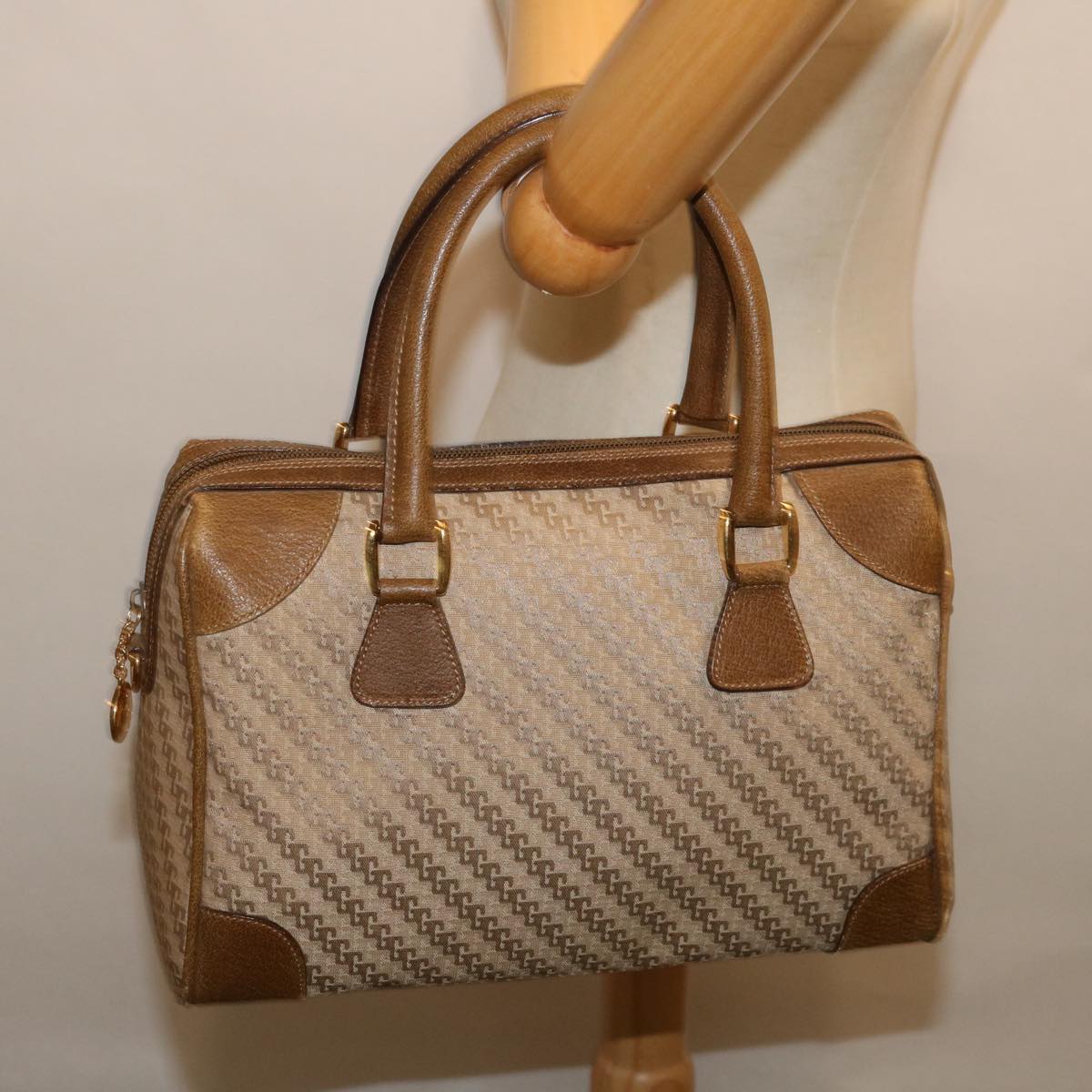 GUCCI Boston Bag Canvas Beige Auth ep3664