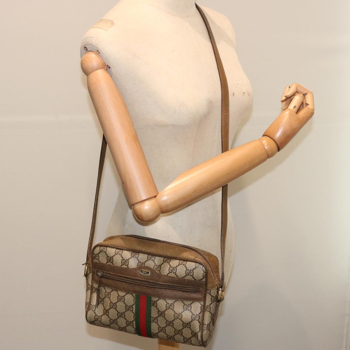 GUCCI GG Supreme Web Sherry Line Shoulder Bag Beige Green 56 02 004 Auth ep3971