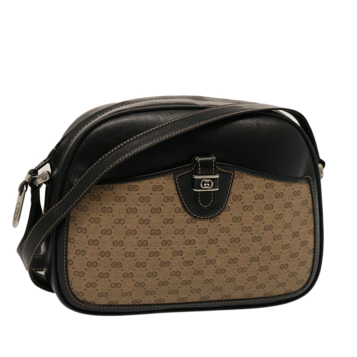 GUCCI Micro GG Canvas Shoulder Bag PVC Leather Beige Black Auth ep4221