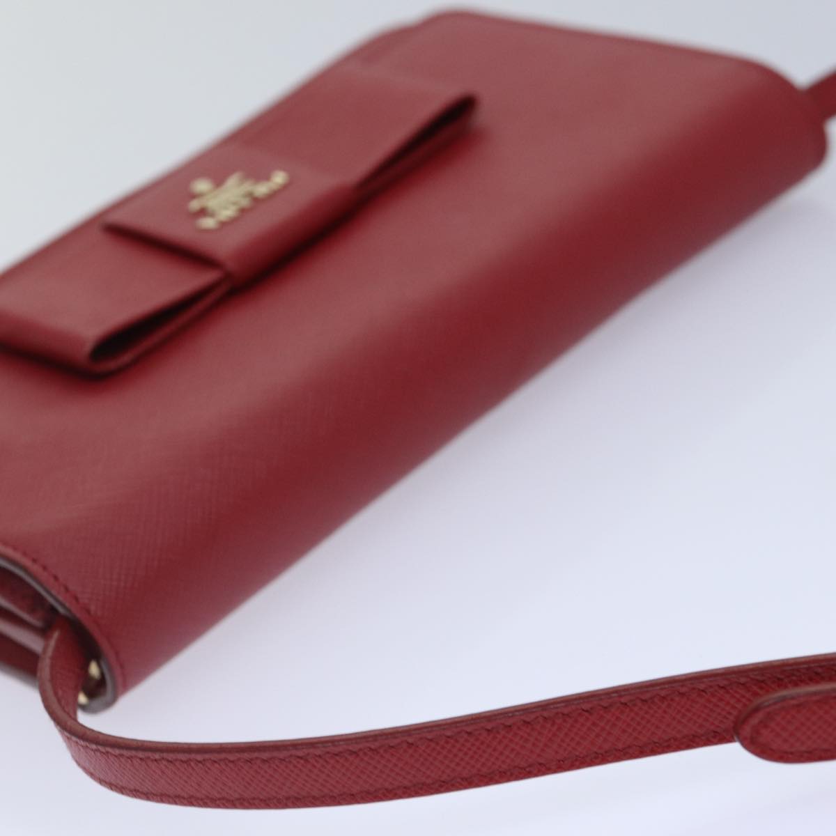 PRADA Shoulder Long Wallet Safiano leather Red Gold Auth ep5211