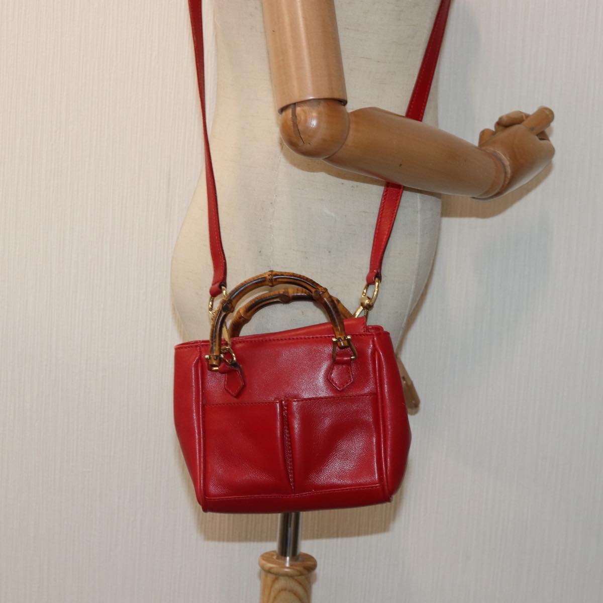 GUCCI Bamboo Hand Bag Leather 2way Red Gold 007 1793 0238 Auth ep5221