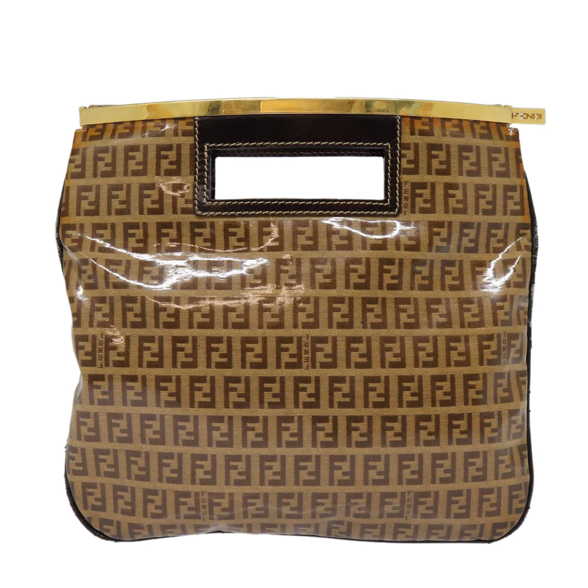 FENDI Zucchino Canvas Hand Bag Brown Gold Auth ep5232