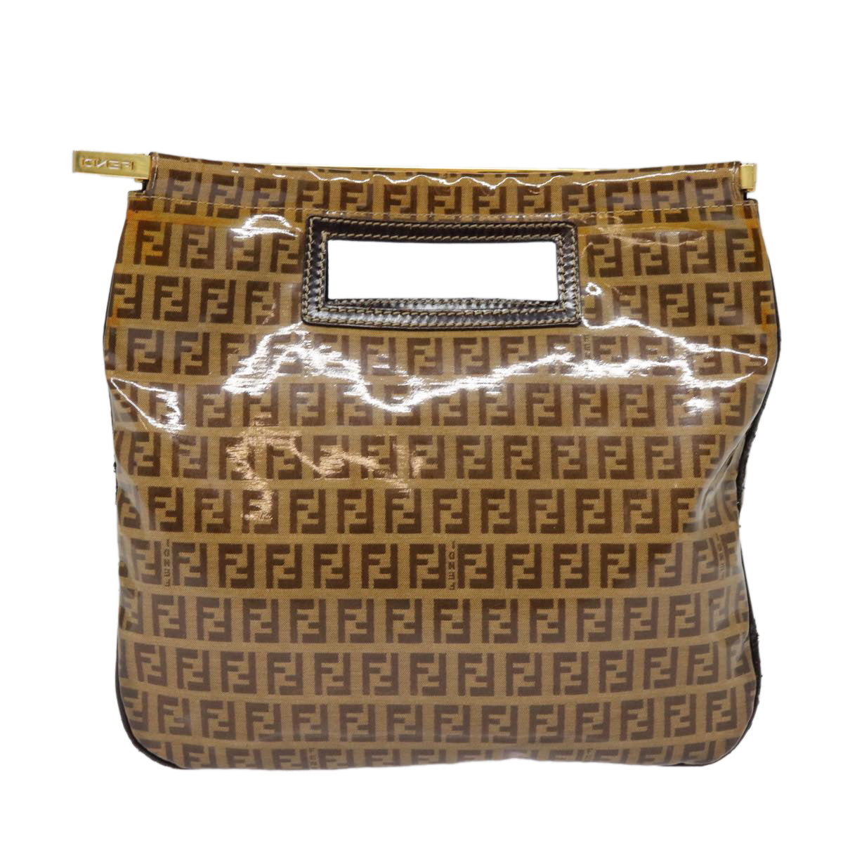 FENDI Zucchino Canvas Hand Bag Brown Gold Auth ep5232