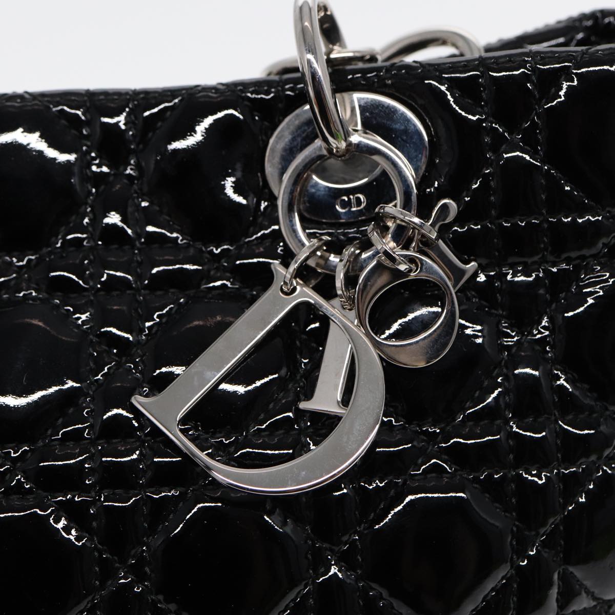 Christian Dior Lady Dior Canage Hand Bag Enamel Black Silver Auth ep5309