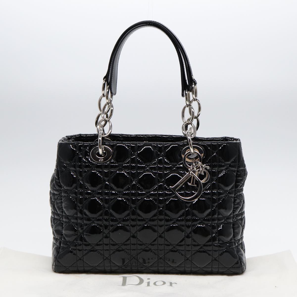 Christian Dior Lady Dior Canage Hand Bag Enamel Black Silver Auth ep5309