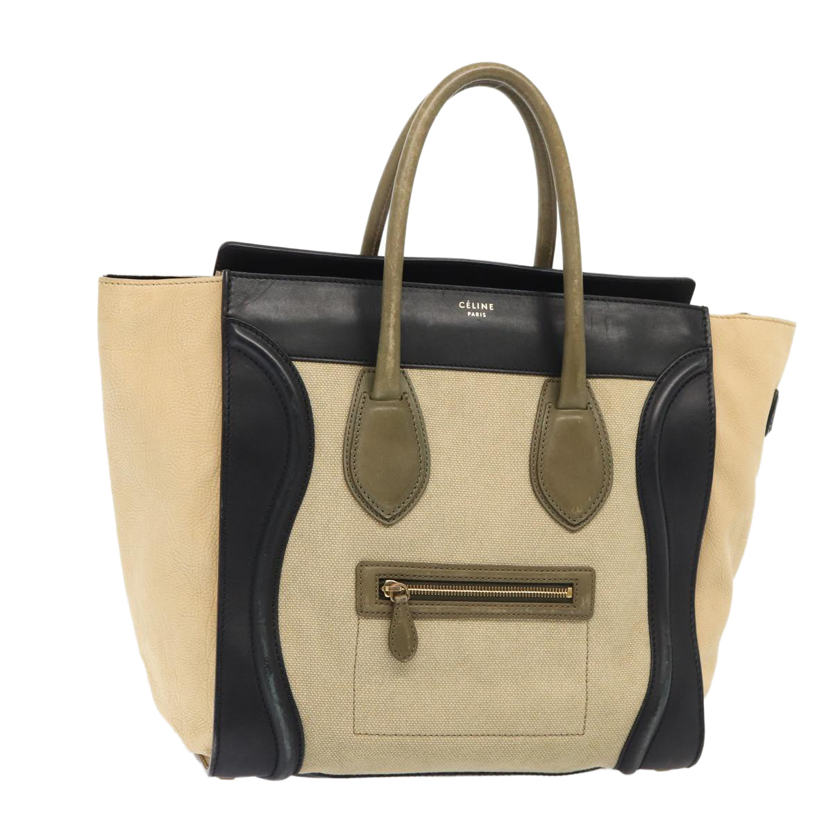 CELINE Luggage Medium Shopper Hand Bag Canvas Beige Gold Auth ep5338