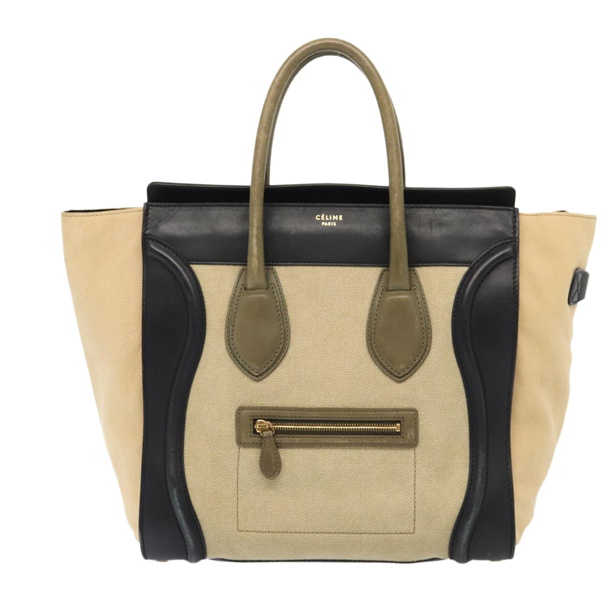 CELINE Luggage Medium Shopper Hand Bag Canvas Beige Gold Auth ep5338