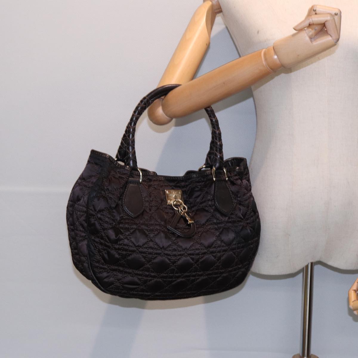 Christian Dior Lady Dior Canage Hand Bag Nylon Brown Gold Auth ep5346