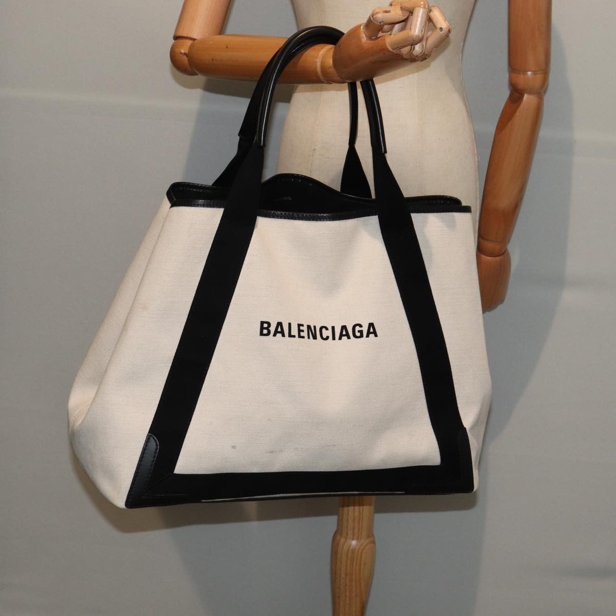 BALENCIAGA Cabas Hand Bag Canvas Silver White Auth ep5384