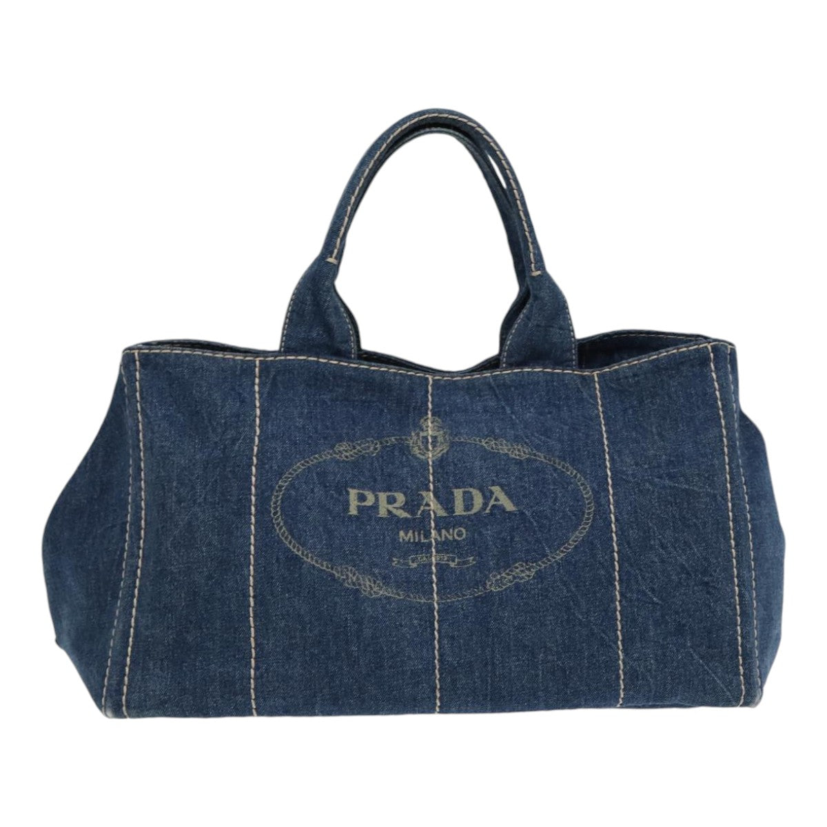 PRADA Canapa GM Hand Bag Denim Blue Gold Auth ep5385