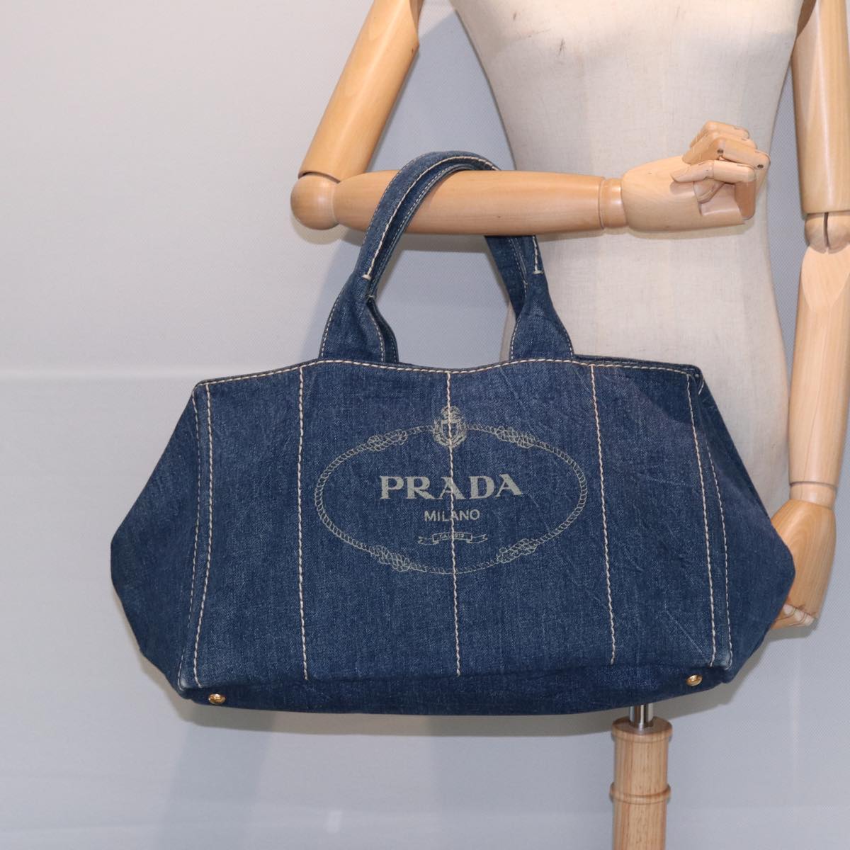 PRADA Canapa GM Hand Bag Denim Blue Gold Auth ep5385