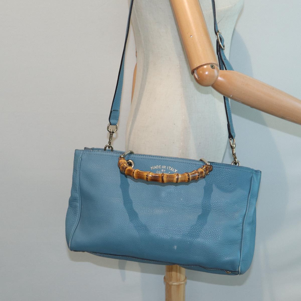 GUCCI Bamboo Hand Bag Leather 2way Blue Gold 323660 Auth ep5409