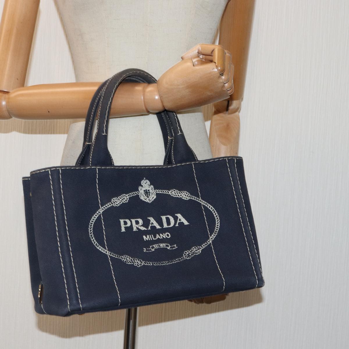 PRADA Canapa PM Hand Bag Canvas Navy Gold Auth ep5438