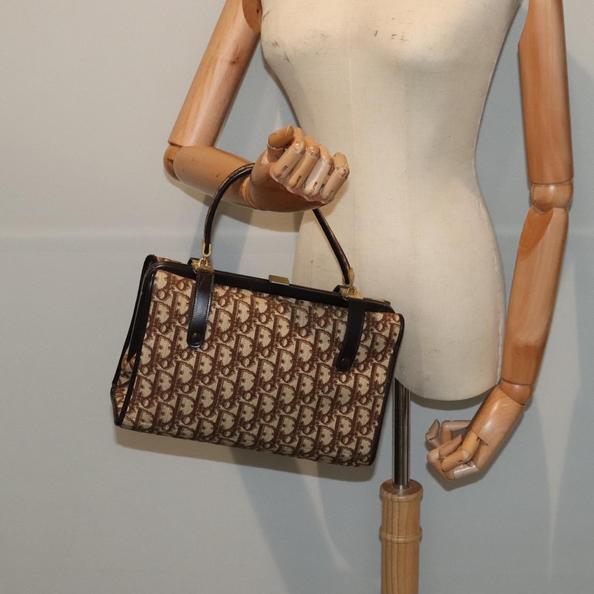 Christian Dior Trotter Canvas Hand Bag Brown Gold Auth ep5496