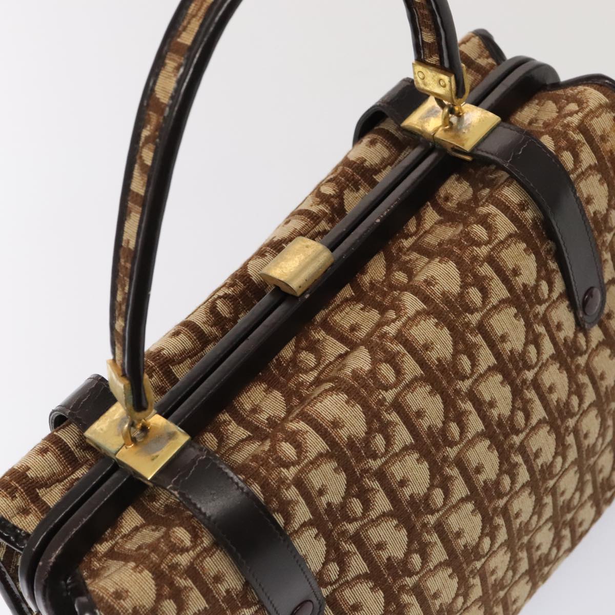 Christian Dior Trotter Canvas Hand Bag Brown Gold Auth ep5496