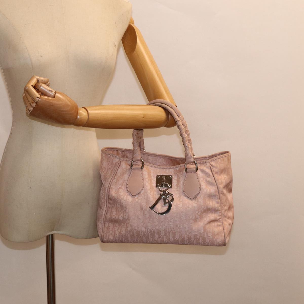 Christian Dior Trotter Canvas Hand Bag Pink Silver Auth ep5499